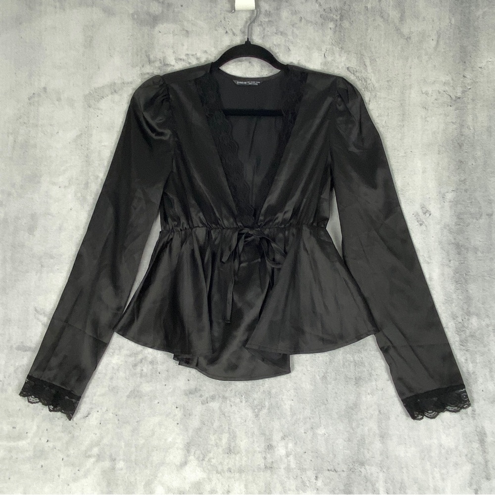 Shein Satin Top Sz Large Deep V-neck Long Sleeve Lace Trim Black